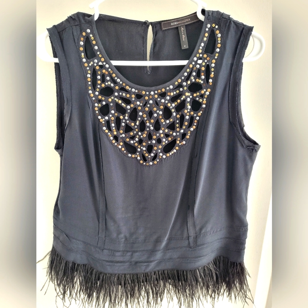 BCBG couture black Embellished Blouse with Feather Trim